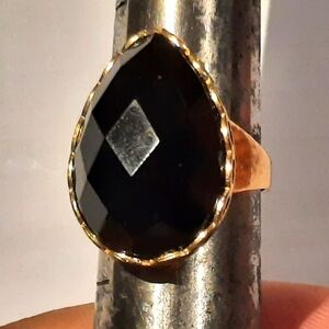 AUTHENTIC 18K YELLOW GOLD OVER STERLING SILVER GENUINE ONYX LARGE PEAR RING 6.25
